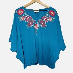 Savanna Jane teal blue and red embroidered floral bat wing drop shoulder top M